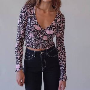 UO Bayside Smocked Floral Cropped Blouse Pink